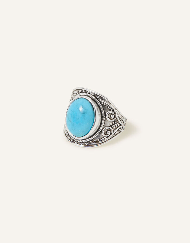 Sterling Silver Plated Oxidised Band Ring, Blue (TURQUOISE), large