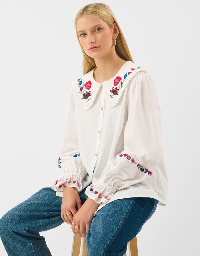 Floral Embroidered Collar Blouse, Cream (CREAM), large