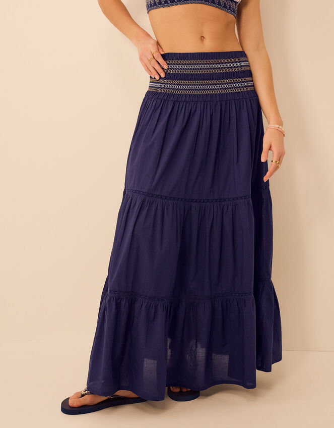 Smocked Tiered Maxi Skirt, Blue (NAVY), large