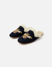 Bee Faux Fur Slippers, Blue (NAVY), large