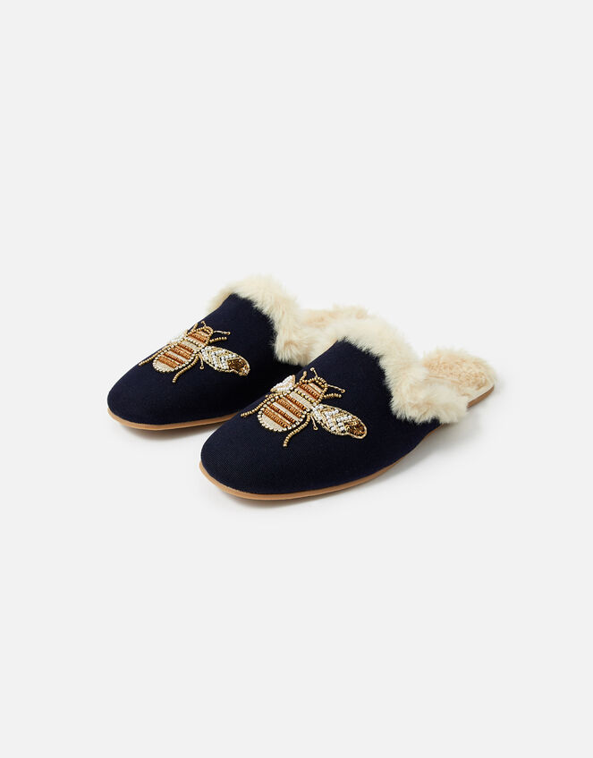 Bee Faux Fur Slippers, Blue (NAVY), large