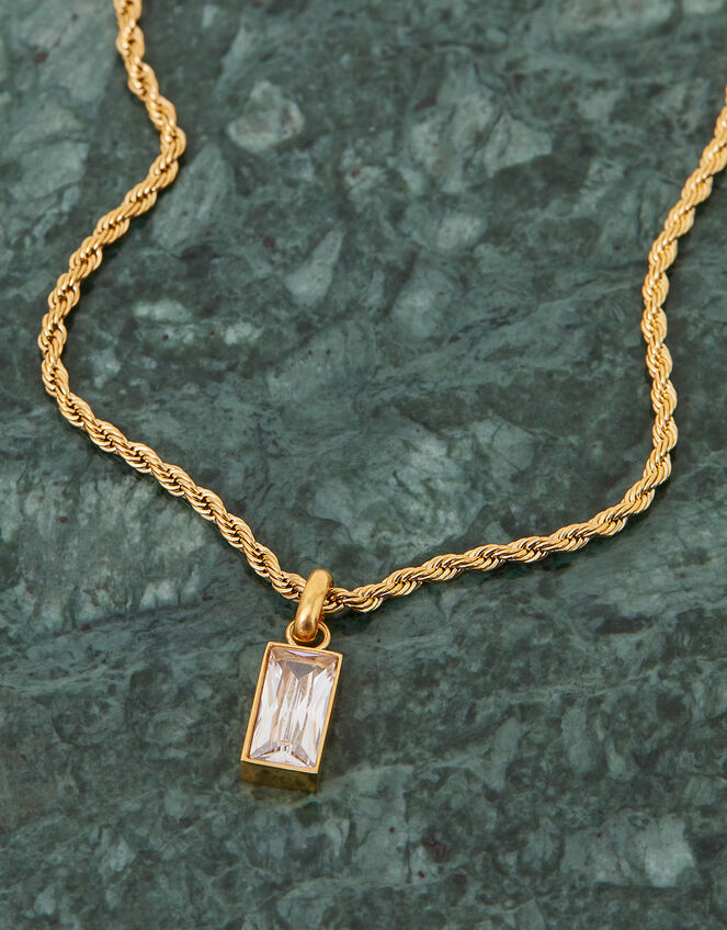 Stainless Steel Twisted Chain Emerald Cut Pendant Necklace, , large