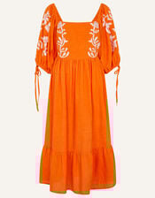Ornamental Print Embroidered Puff Sleeve Midi Dress, Orange (ORANGE), large