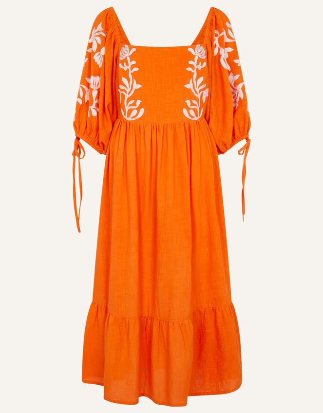 Ornamental Print Embroidered Puff Sleeve Midi Dress, Orange (ORANGE), large