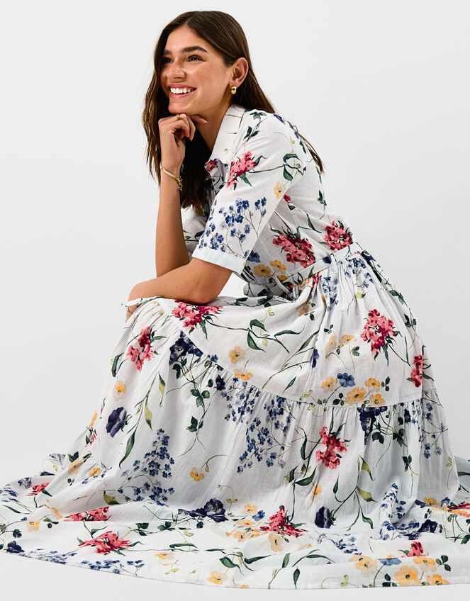 Floral Print Belted Maxi Dress, Ivory (IVORY), large