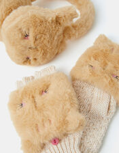 Girls Fluffy Cat Earmuffs & Gloves Set, Camel (BEIGE), large