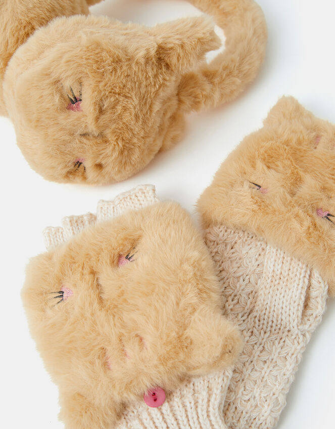 Girls Fluffy Cat Earmuffs & Gloves Set, Camel (BEIGE), large