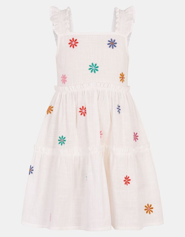 Girls Floral Embroidered Dress, White (WHITE), large
