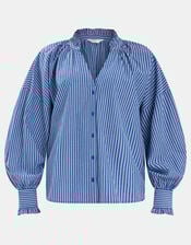 Stripe Frill Blouson Blouse, Blue (BLUE), large