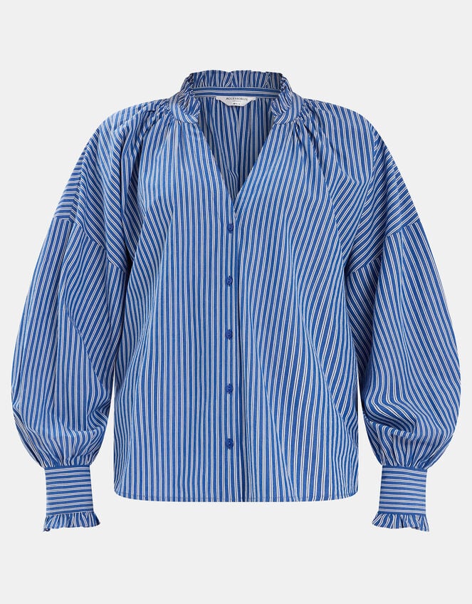 Stripe Frill Blouson Blouse, Blue (BLUE), large