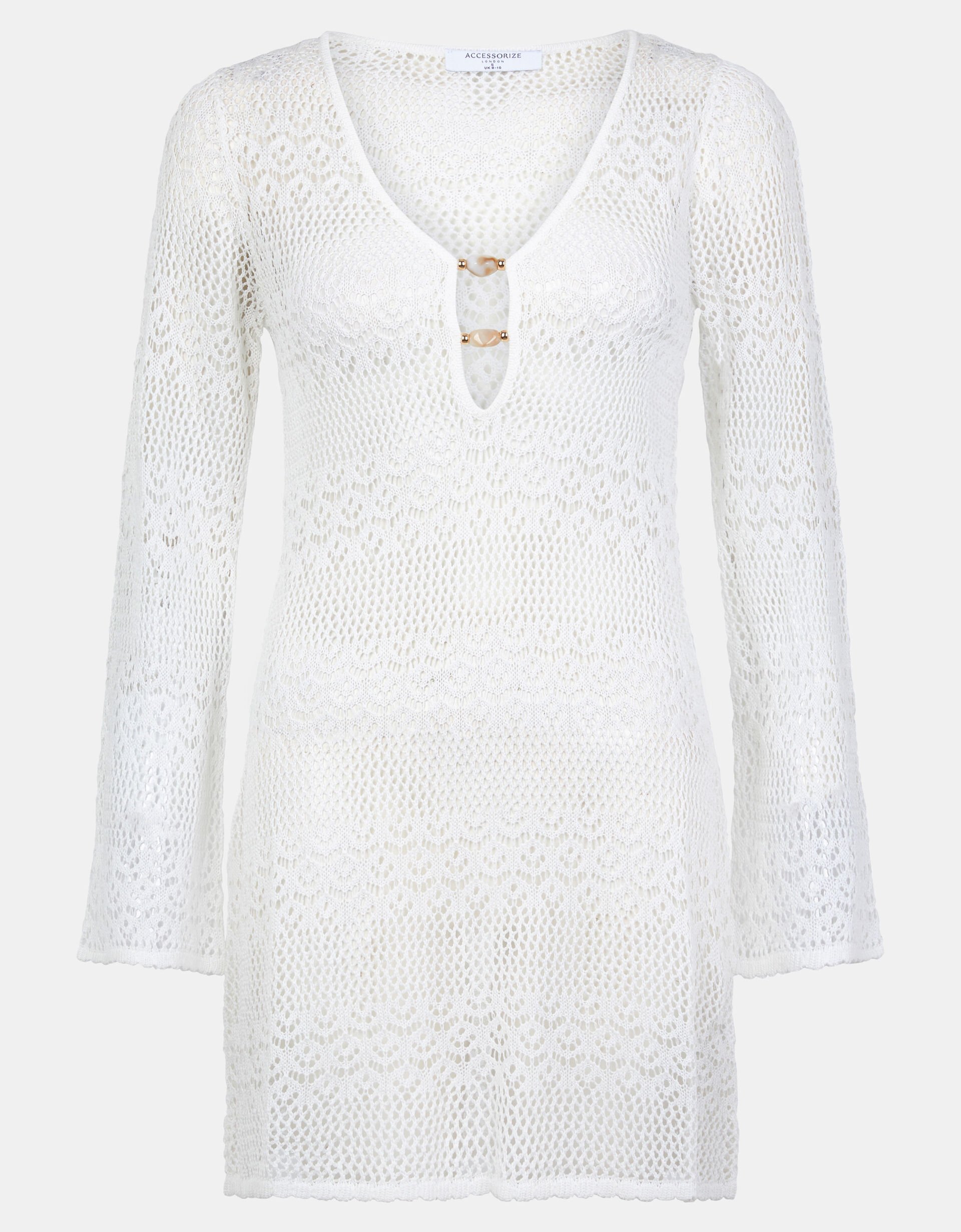 Knitted Long Sleeve Cover Up, White (WHITE), large