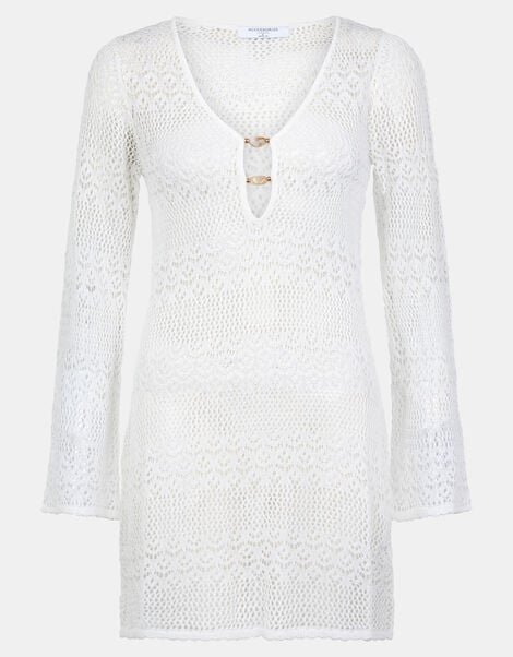 Knitted Long Sleeve Cover Up, White (WHITE), large