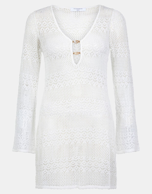 Knitted Long Sleeve Cover Up, White (WHITE), large