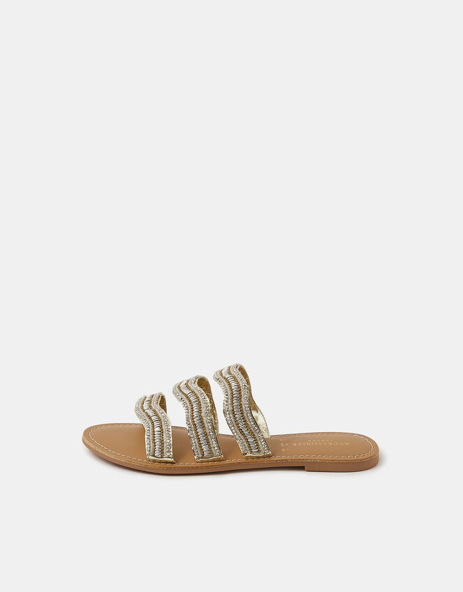 Beaded Triple Strap Sandals, Gold (GOLD), large
