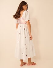 Puff Sleeve Cherry Embroidered Midi Dress, White (WHITE), large