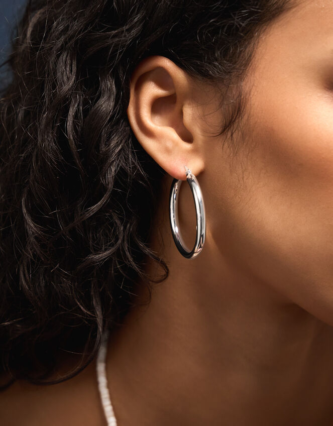 Sterling Silver-Plated Tube Hoop Earrings, , large