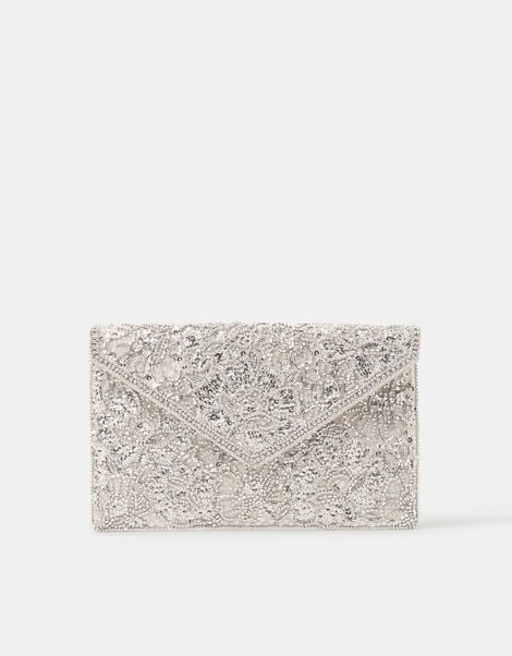 Floral Embellished Envelope Clutch Bag, Silver (SILVER), large