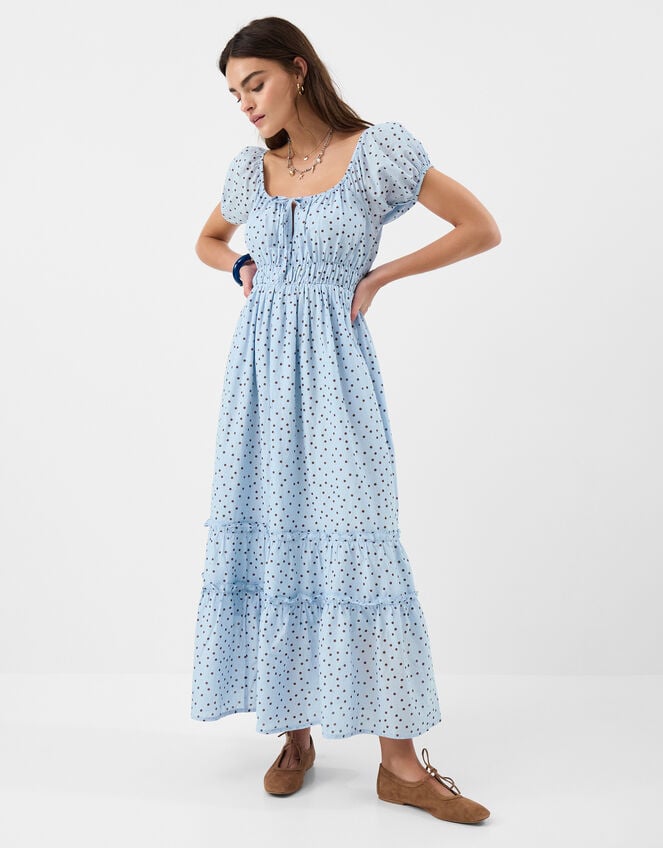 Polka Dot Puff Sleeve Midi Dress, Blue (BLUE), large