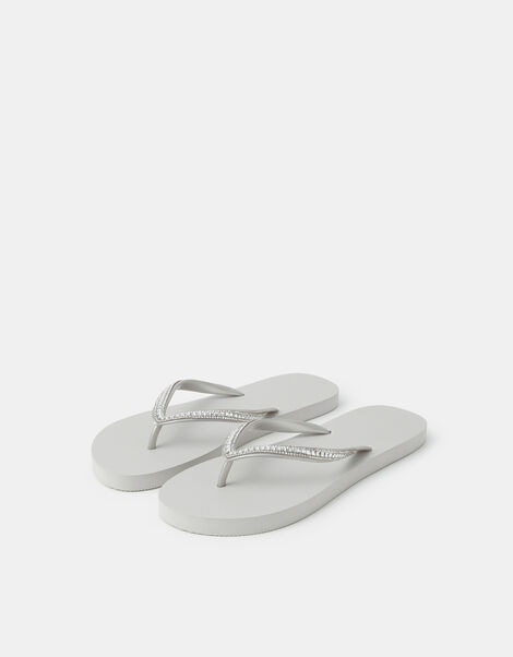 Crystal Embellished Flip Flops, Silver (SILVER), large