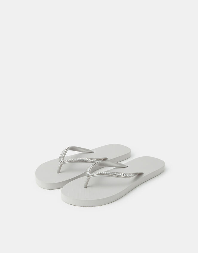 Crystal Embellished Flip Flops, Silver (SILVER), large