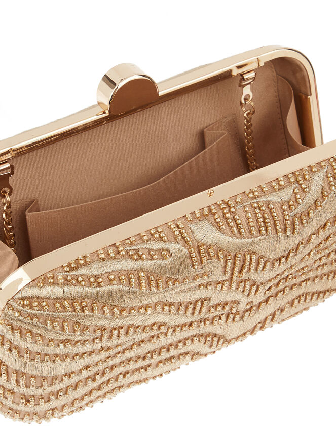 Metallic Zebra Beaded Hardcase Clutch Bag, , large