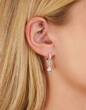 Sterling Silver Plated Pearl Huggie Hoops, , large