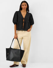 Puff Sleeve Tie Front Blouse, Black (BLACK), large