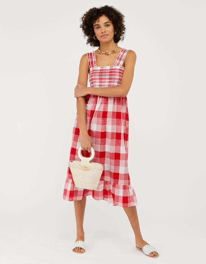 Gingham Bandeau Beach Dress in Pure Cotton, Red (RED), large