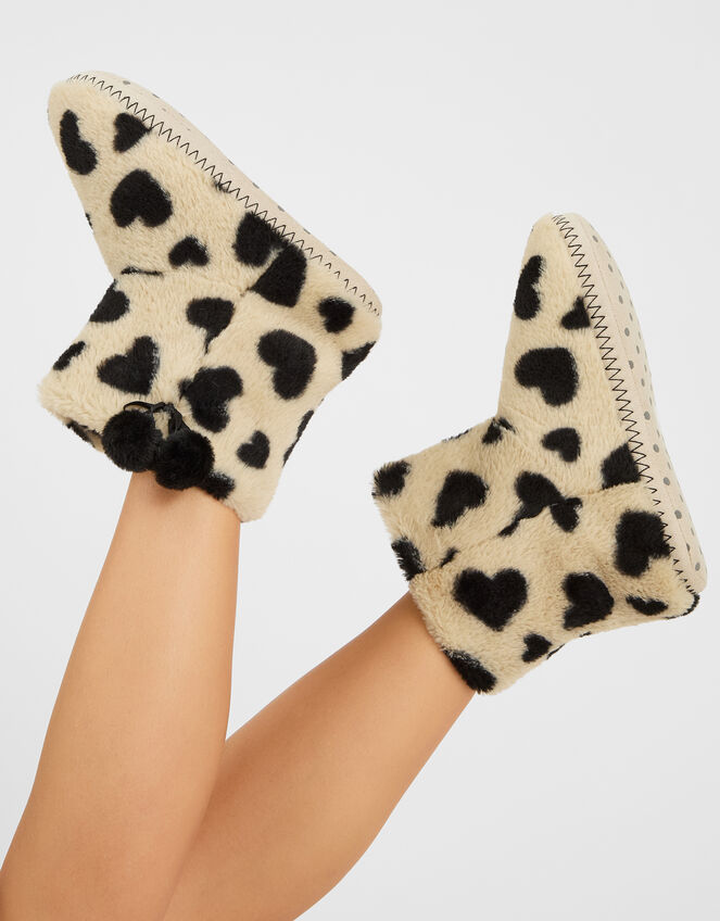 Fluffy Heart Print Slipper Boots, Black (BLACK WHITE), large