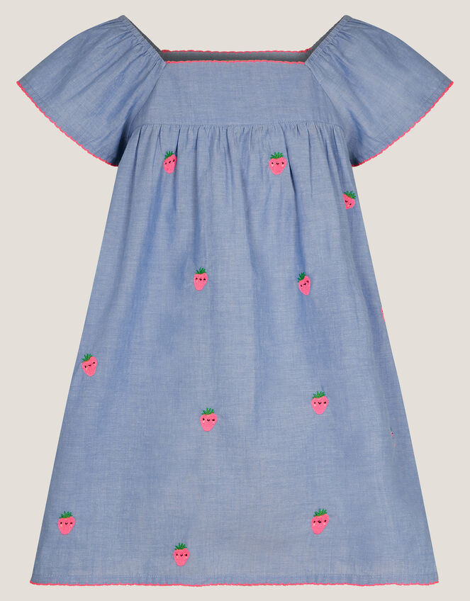 Strawberry Chambray Smock Dress, Blue (BLUE), large