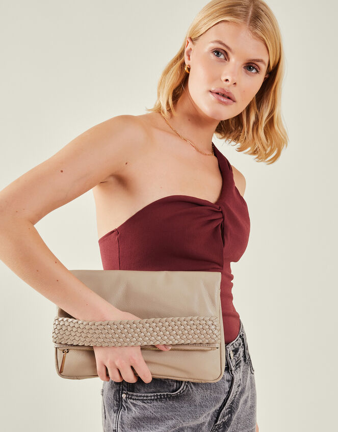 Leather Woven Clutch Bag, Nude (NUDE), large