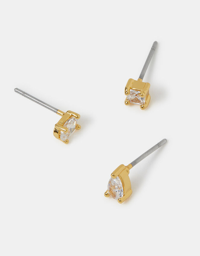 3-Pack 14ct Gold-Plated Stone Stud Earrings, , large