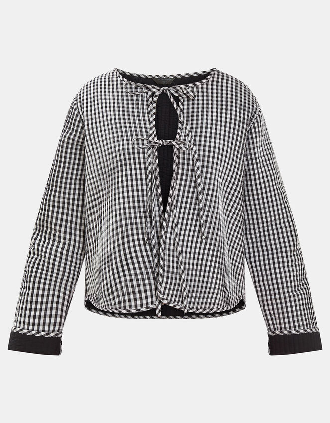 Gingham Tie-Front Quilted Jacket, Black (BLACK), large