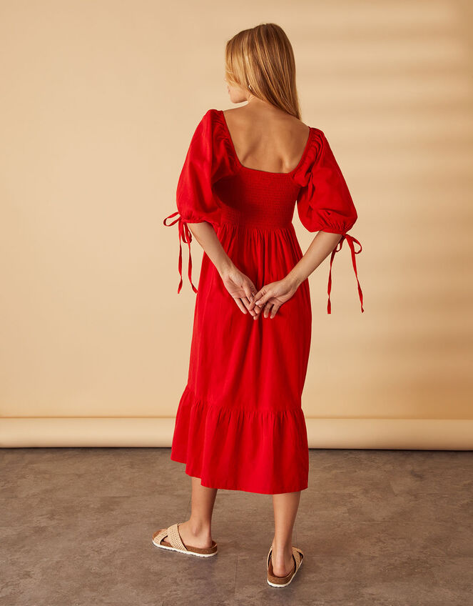 Puff Sleeve Textured Midi Dress, Red (RED), large