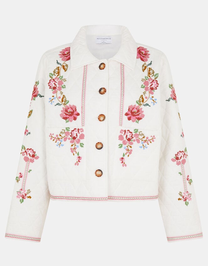 Floral Embroidered Quilted Jacket, Ivory (IVORY), large