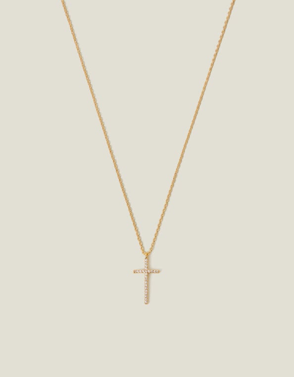 14ct Gold-Plated Sparkle Cross Pendant Necklace, , large