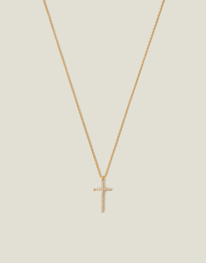 14ct Gold-Plated Sparkle Cross Pendant Necklace, , large