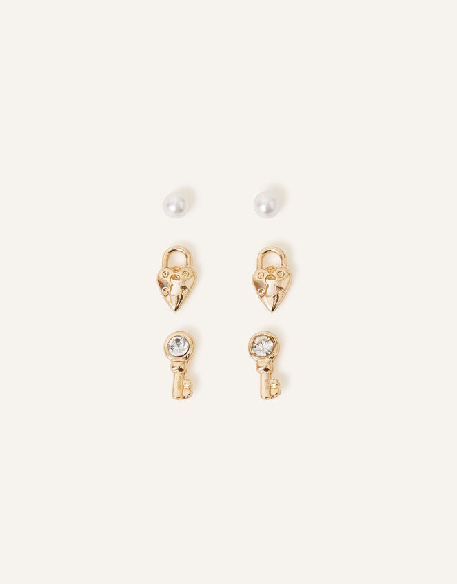Lock and Key Stud Earrings Set of Three, , large