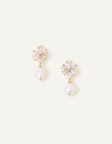 Crystal Flower Pearl Drop Earrings, , large