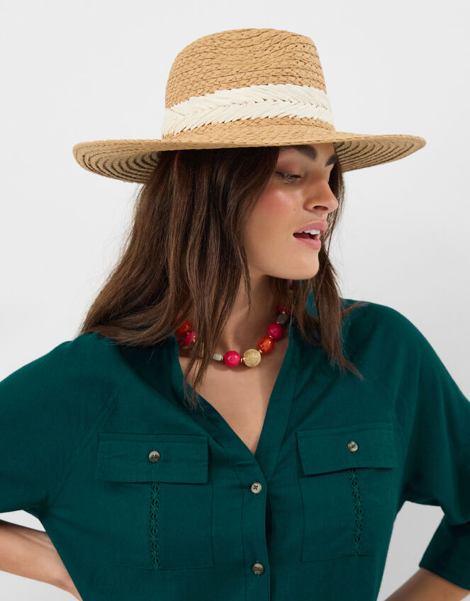 Chevron Braided Straw Fedora Hat, , large