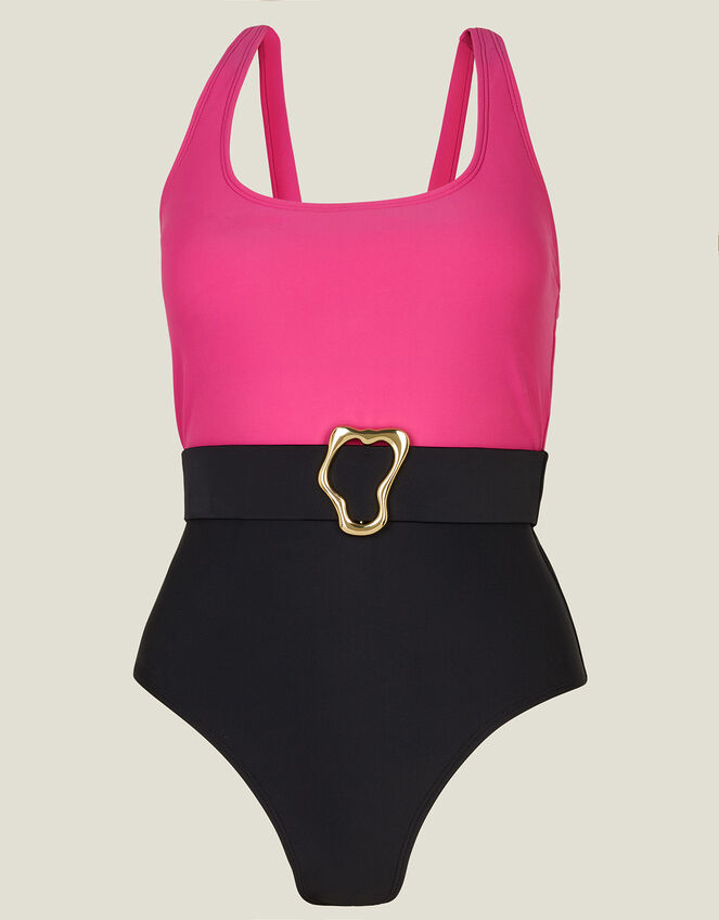 Colour Block Belt Swimsuit, Pink (PINK), large