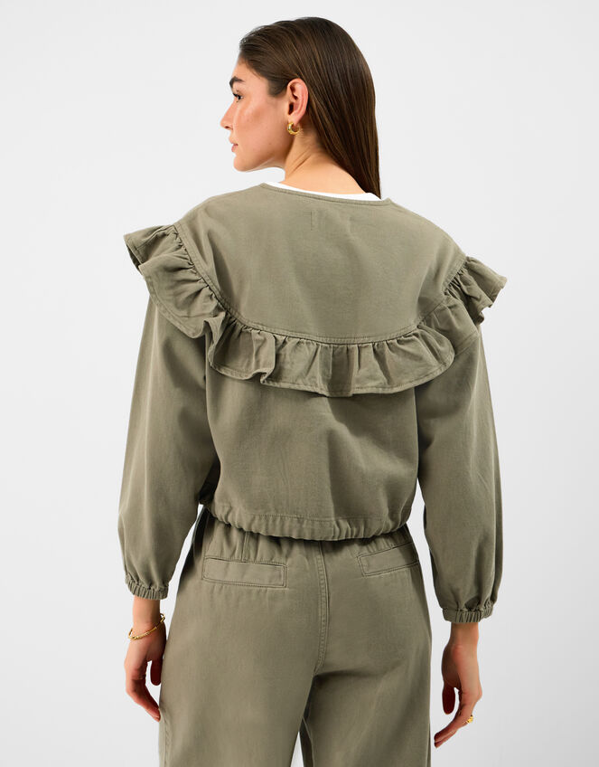 Ruffle Denim Jacket, Green (KHAKI), large