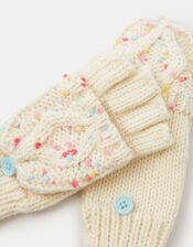 Girls Speckled Fingerless Gloves with Mittens, Ivory (IVORY), large