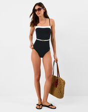 UPF50+ Mono Belted Shaping Swimsuit, Black (BLACK WHITE), large