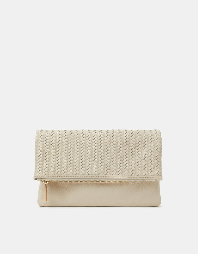 Woven Leather Clutch Bag, Cream (CREAM), large