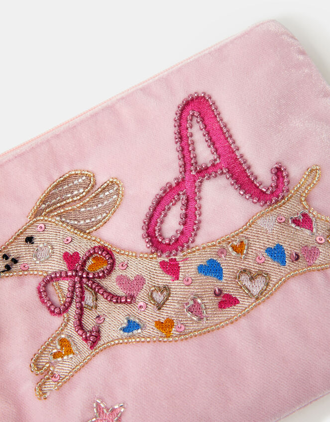 Girls Embroidered Sausage Dog Initial Velvet Pouch, Pink (PINK), large