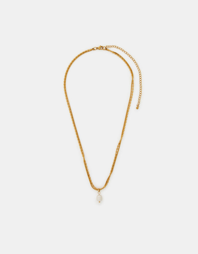 Stainless Steel Layered Pearl Charm Necklace, , large