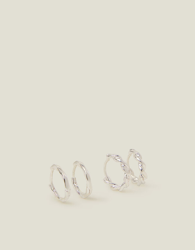 2-Pack Sterling Silver-Plated Mini Twist Hoop Earrings, , large