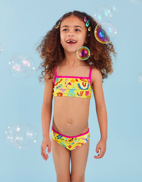 Girls Sunshine Print Bikini Set with Recycled Polyester, Yellow (YELLOW), large