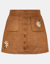 Floral Embroidered Faux Suede Mini Skirt, Tan (TAN), large